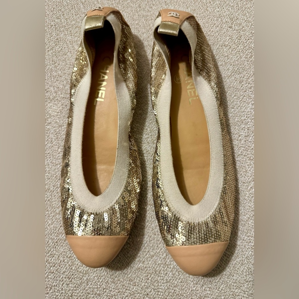 CHANEL Gold Sequin Cap-Toe Ballet Flats